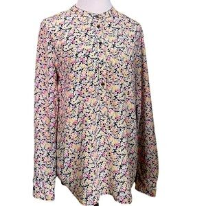 Equipment Femme Ava Silk Floral Popover Blouse Navy Blue Pink Yellow Size XS